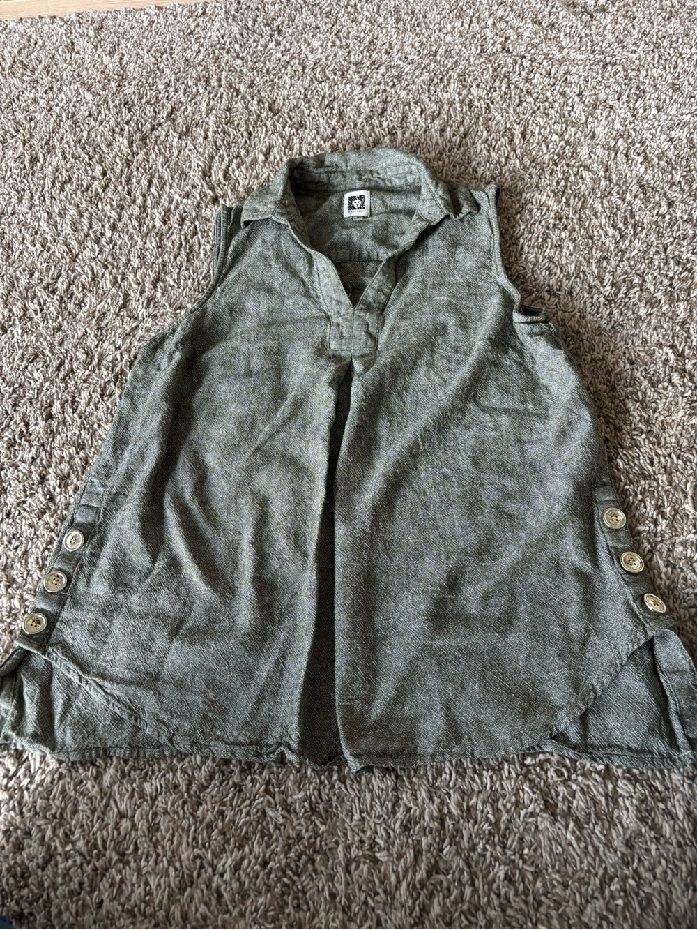 Anne Klein Olive Green Textured Collared Top linen boho M